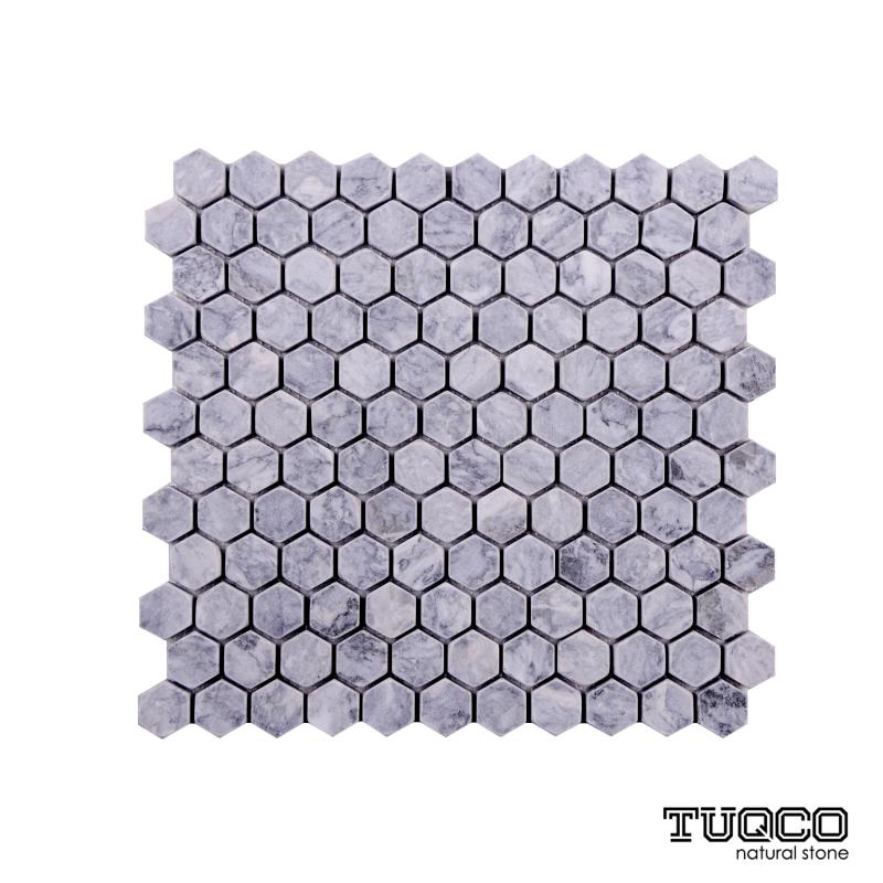 Tuqco Doğal Taş 1 inch Fileli Hexagon Gümüş Eskitme Mermer Mozaik Banyo Mutfak Tezgah Arası Duvar Kaplama Döşeme Paneli