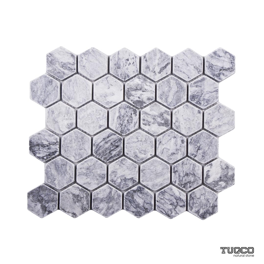 Tuqco Doğal Taş 2 inch Fileli Hexagon Gümüş Eskitme Mermer Mozaik Banyo Mutfak Tezgah Arası Duvar Kaplama Döşeme Paneli