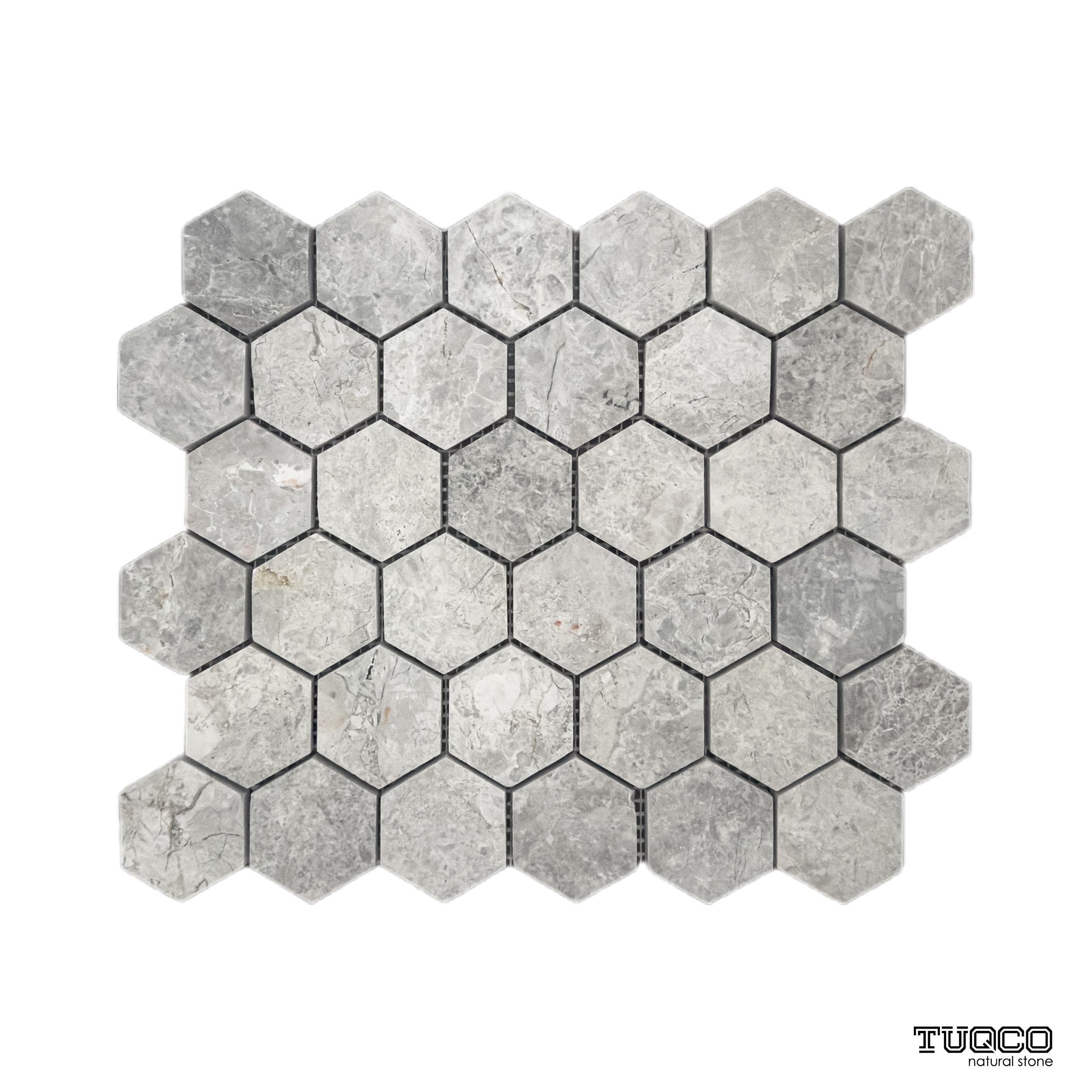 TUQCO Doğal Taş 2’’ Hexagon Tundra Gri Cilalı Mermer Mozaik