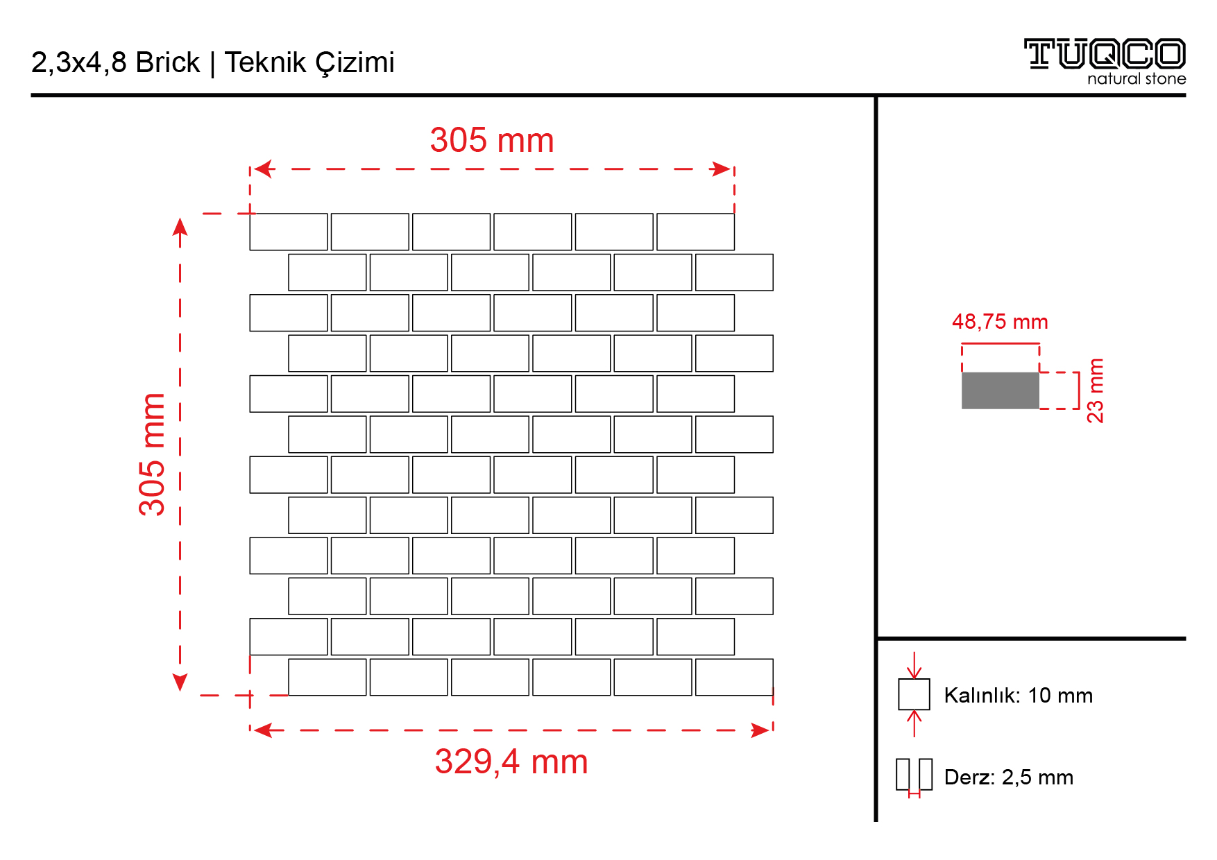 TUQCO Dogal Tas 2,3 x 4,8 cm Brick Traverten Eskitme Mermer Mozaik