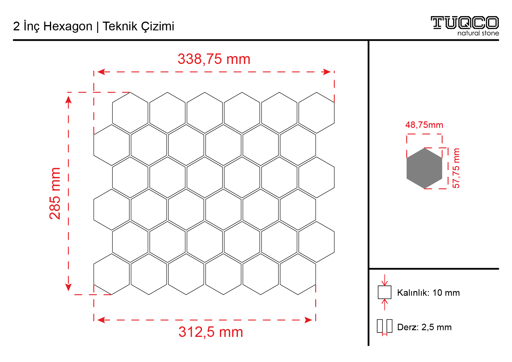 TUQCO Doğal Taş 2’’ Hexagon Tundra Gri Cilalı Mermer Mozaik