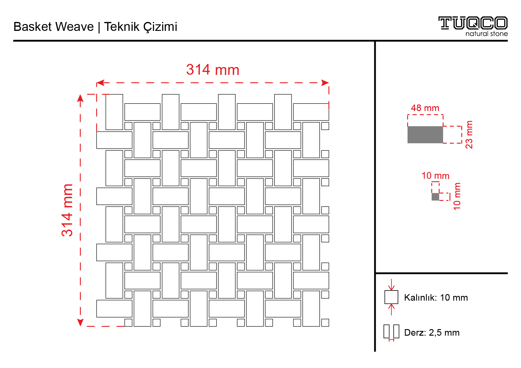 TUQCO Doğal Taş Basket Weave Myra Honlu Mermer Mozaik