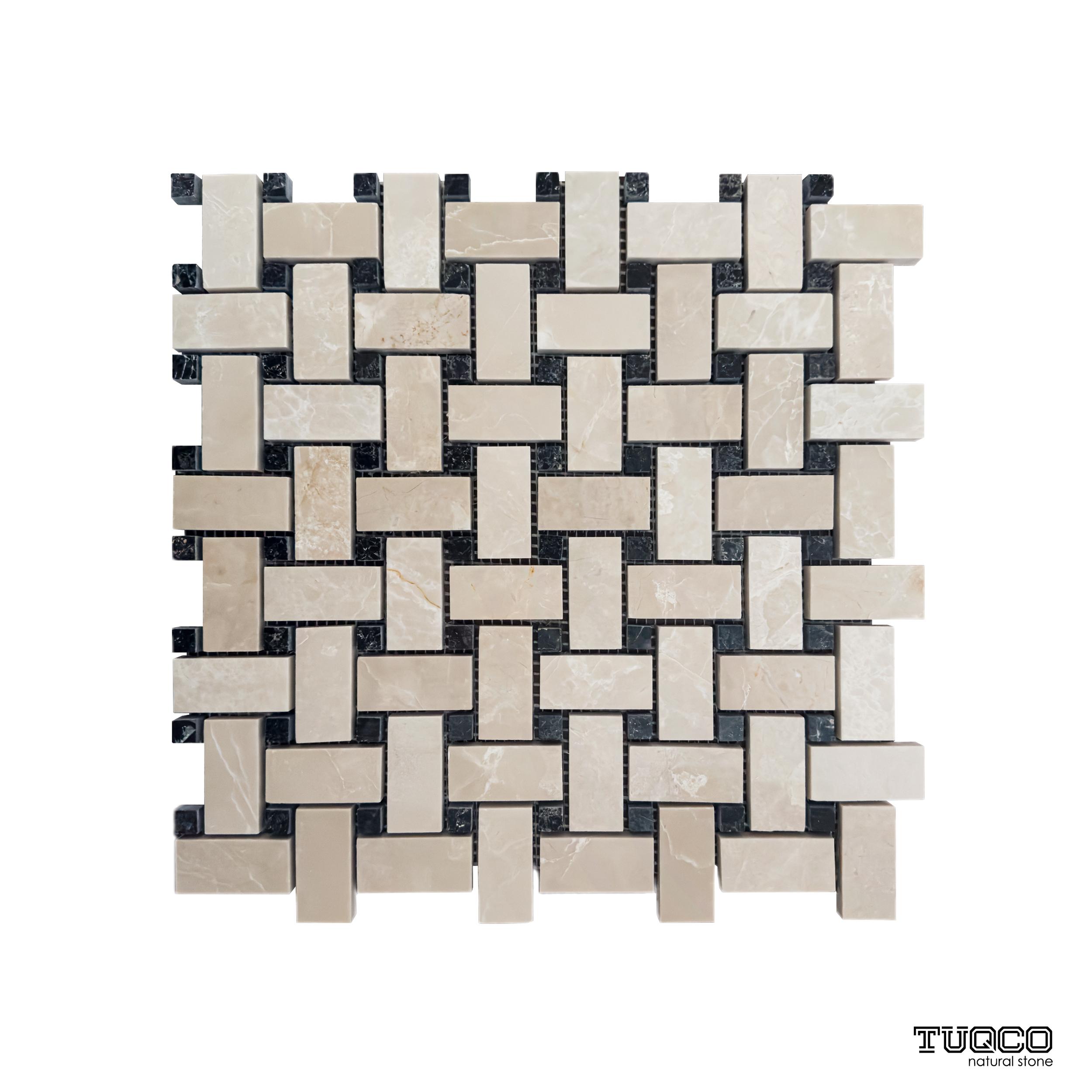 TUQCO Doğal Taş Basket Weave Bej - Toros Siyahı Cilalı Mermer Mozaik