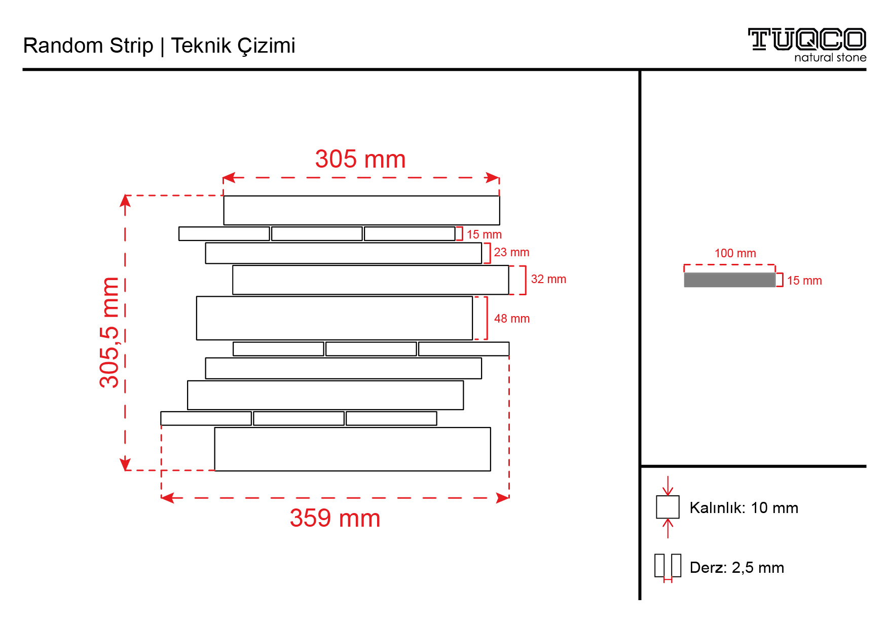 TUQCO Doğal Taş Random Strip Tundra Gri Cilalı Mermer Mozaik