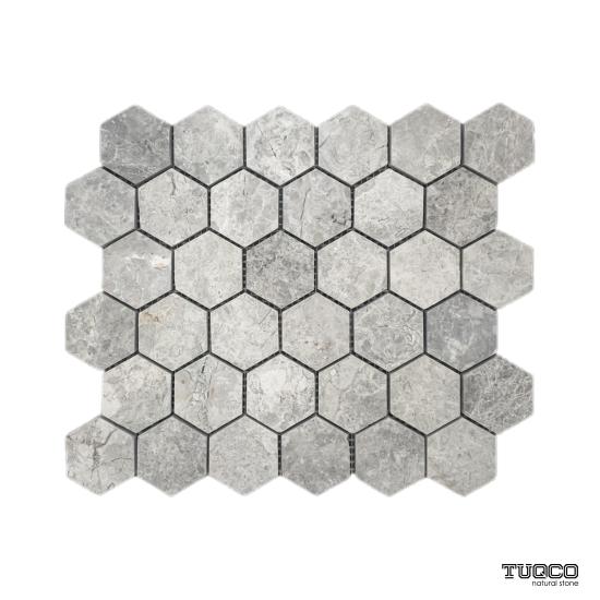TUQCO Doğal Taş 2’’ Hexagon Tundra Gri Cilalı Mermer Mozaik