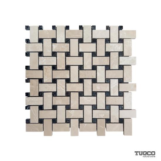 TUQCO Doğal Taş Basket Weave Bej - Toros Siyahı Cilalı Mermer Mozaik