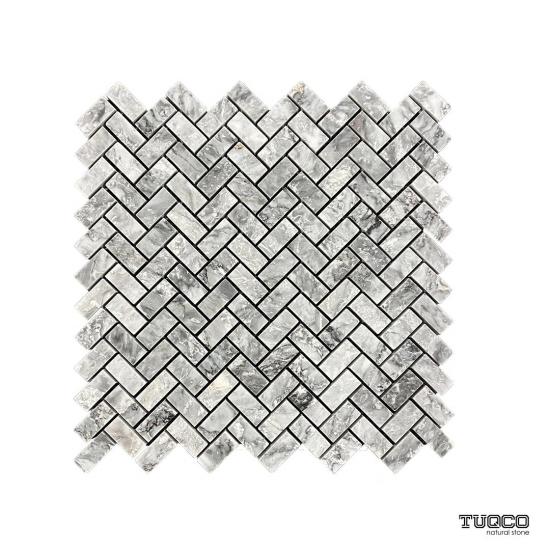 TUQCO Doğaltaş Fileli Herringbone Gümüş Honlu Mermer Mozaik