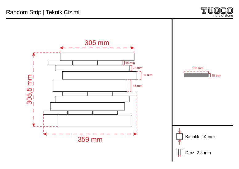 TUQCO Doğal Taş Random Strip Tundra Gri Cilalı Mermer Mozaik