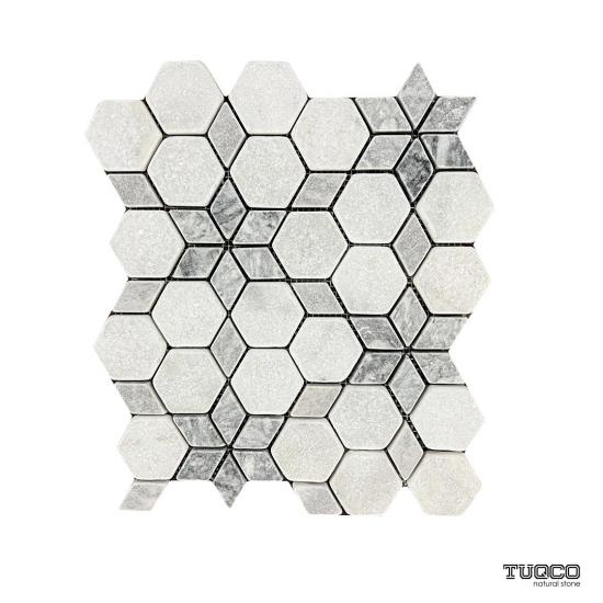 TUQCO Doğaltaş Fileli Starline Muğla Beyazı - Gümüş Eskitme Mermer Mozaik