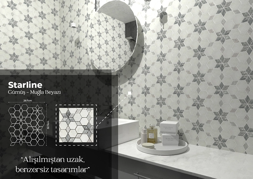 Starline Muğla Beyazı Gümüş Eskitme Mermer Mozaik